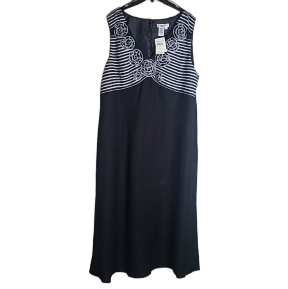 Coldwater Creek Black and White Striped Floral Yoke Midi Dress